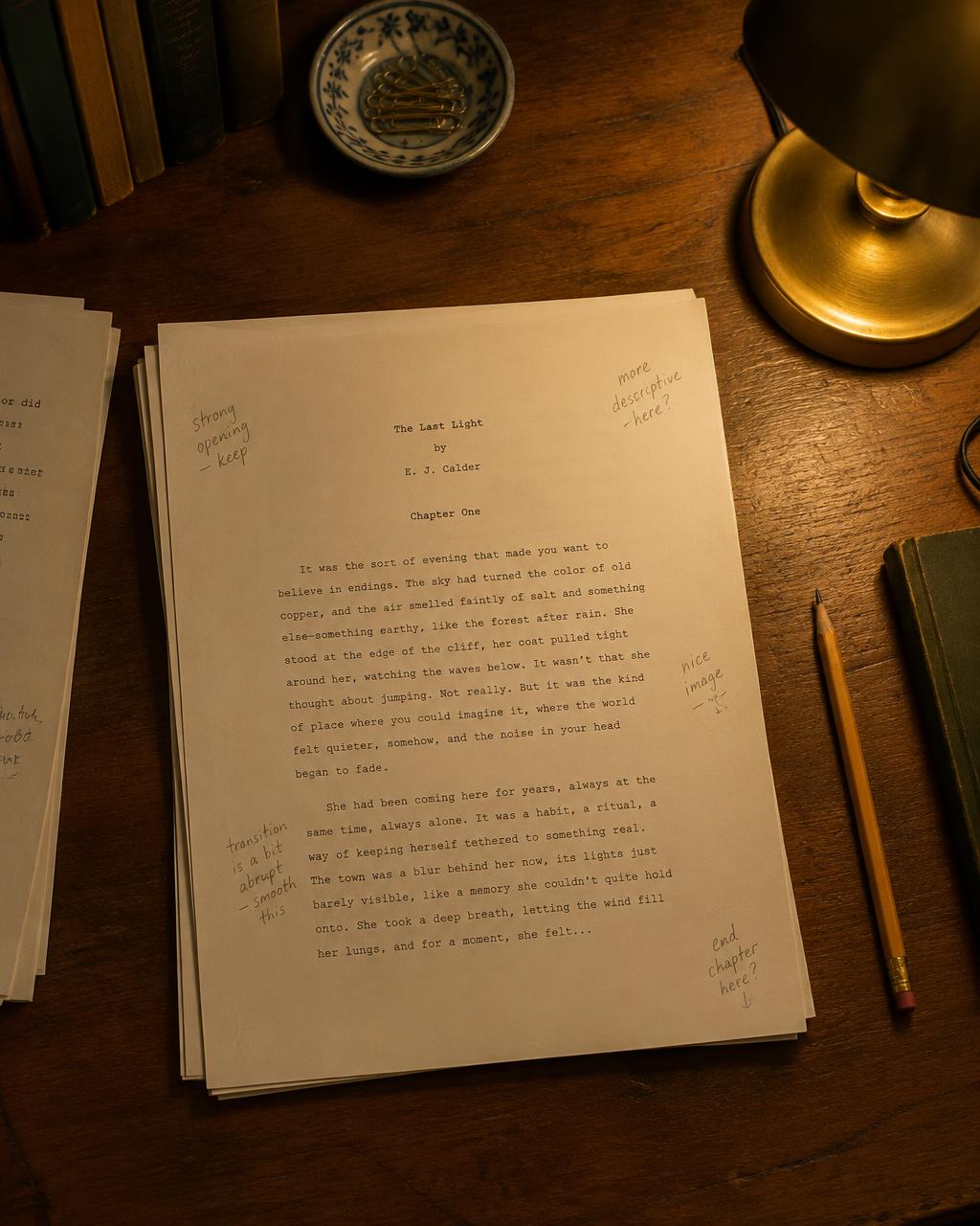 A manuscript with pencil notes on a wooden desk beside a brass lamp